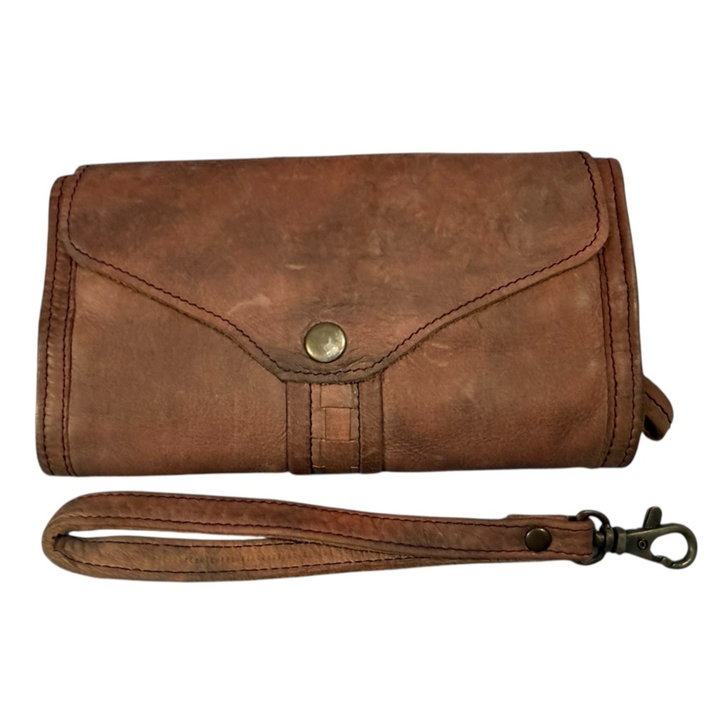 Free People Leather Wallet Clutch Wristlet Dusty Pink Rose Brown Boho
